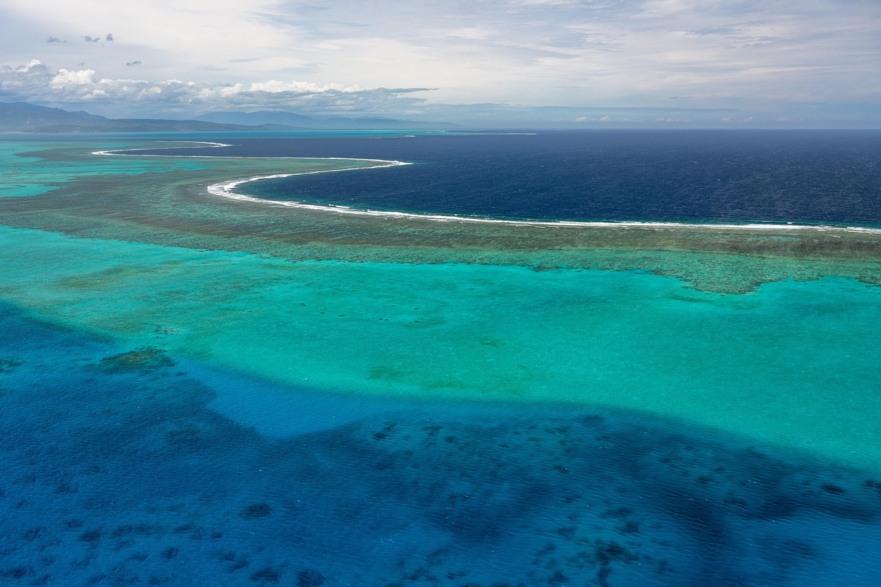 Vista aérea del arrecife y las aguas costeras turquesa frente a St. Croix, Islas Vírgenes de EE. UU.